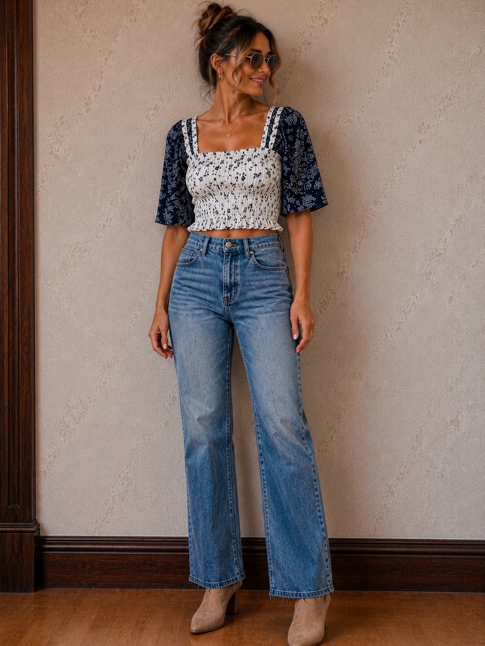 🆕Free People Marigold Mixed Print Smocked Top Navy Purple NWT M